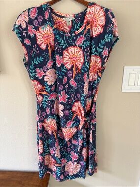 Tommy Bahama Navy Floral Tie-Waist Knit Dress with Pink & Teal Blooms